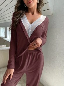 Bộ PJ ren tương phản / Bộ Pyjama - Màu Tím - Xem 3