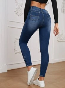 SHEIN Essnce High Waist Button Hem Skinny Jeans - Dark Wash - View 2