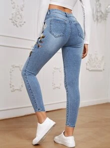 EMERY ROSE Floral Embroidery Skinny Jeans - Light Wash - View 2