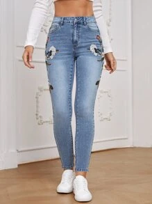 EMERY ROSE Floral Embroidery Skinny Jeans - Light Wash - View 3