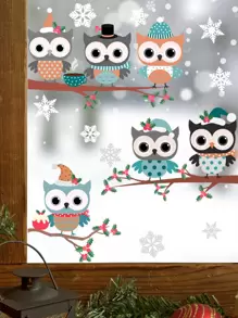 1個貓頭鷹望月、雪花、聖誕樹枝擺設窗貼紙 - 彩色 - 查看 1