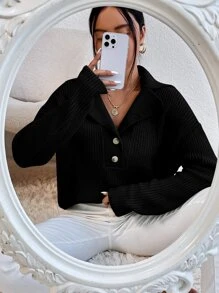 SHEIN Unity Jersey de cuello con solapa de hombros caídos - Negro - Ver 1