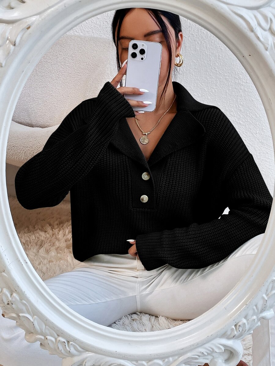 SHEIN Unity Jersey de cuello con solapa de hombros caídos - Negro - Ver 1