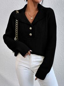 SHEIN Unity Jersey de cuello con solapa de hombros caídos - Negro - Ver 4