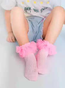 Niñas Calcetines de tripulación ribete con fruncido - Rosa - Ver 1