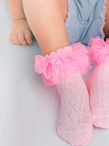 Niñas Calcetines de tripulación ribete con fruncido - Rosa - Ver 3