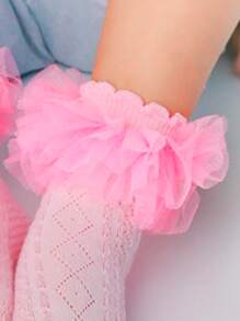 Niñas Calcetines de tripulación ribete con fruncido - Rosa - Ver 4