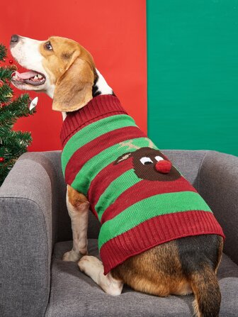 1件節慶編織條紋圖案聖誕馴鹿紅色毛球狗衣,適用於中大型犬種的高領款毛衣