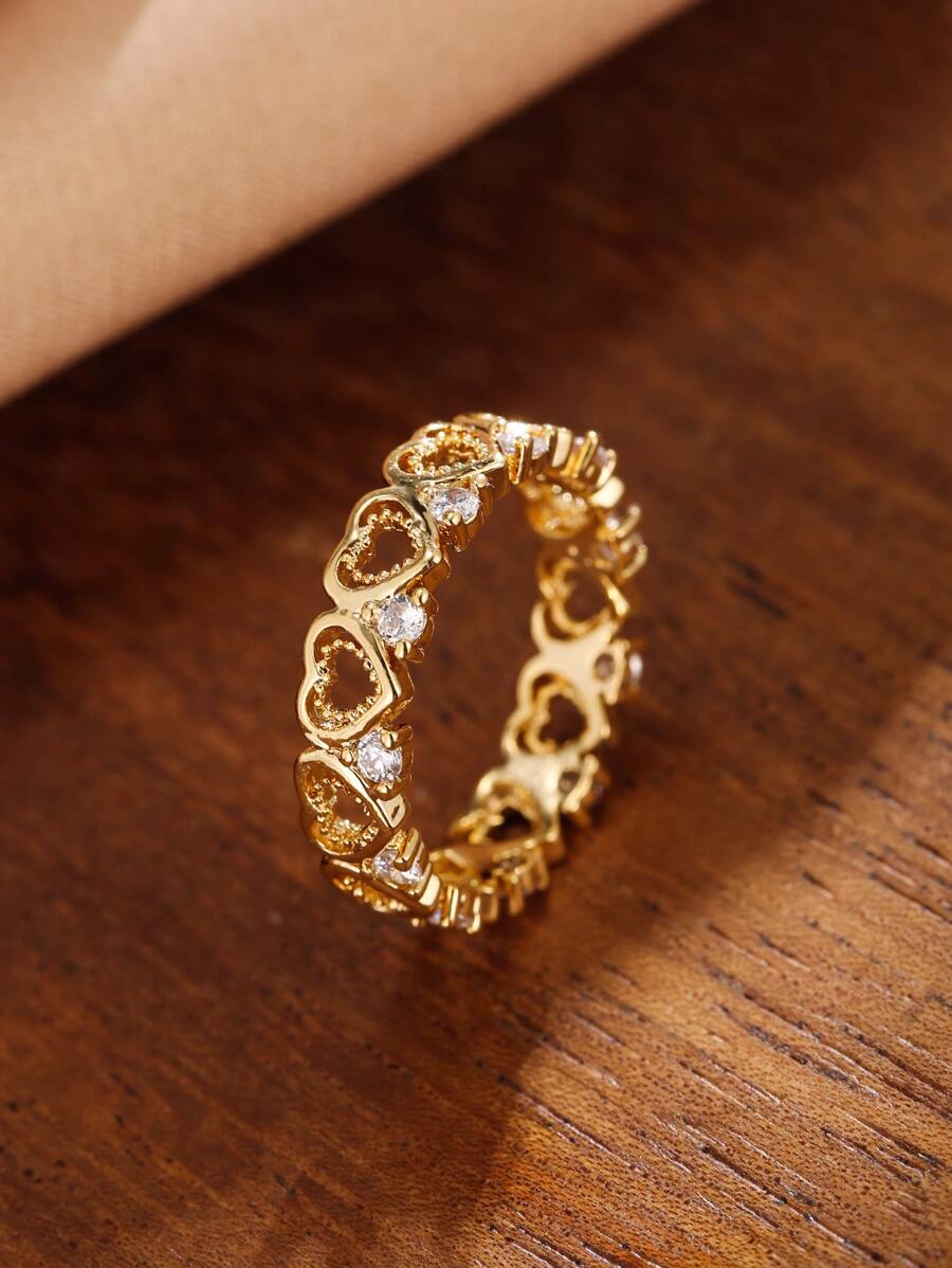 1 件时尚简约全圆锆石戒指，适合女士、日常佩戴和节日礼物 - 金黃色 - 查看 1