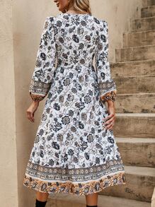 SHEIN LUNE 印花交疊領燈籠袖連衣裙 - 彩色 - 查看 2