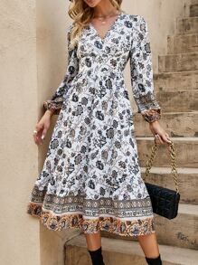 SHEIN LUNE 印花交疊領燈籠袖連衣裙 - 彩色 - 查看 3