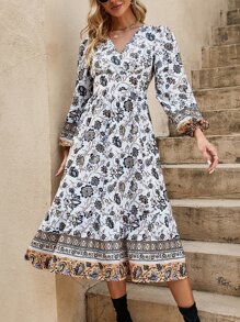 SHEIN LUNE 印花交疊領燈籠袖連衣裙 - 彩色 - 查看 5