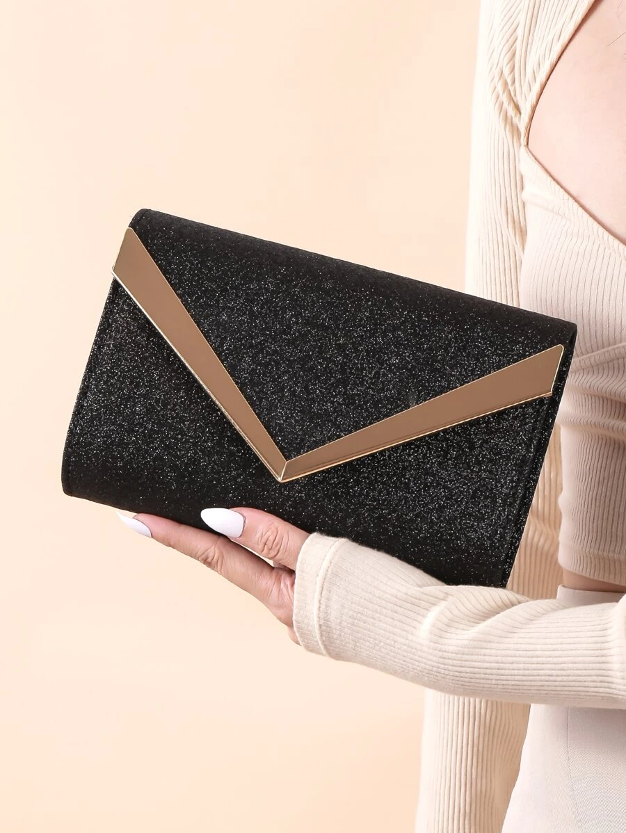 Glitter Metal Decor Evening Bag, Perfect Bride Purse For Wedding, Prom & Party Events - Black - View 1