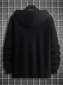 Manfinity Homme 男士休闲标语图案袋鼠口袋抽绳保暖连帽衫，秋冬款 - 黑色 - 查看 2