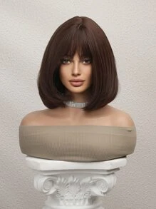 14-Inch Brown Bob Wig: Comfortable And Stylish Synthetic Wig For Women To Achieve A Cute Look Easily,Suitable Head Circumference: 53-58 Centimeters