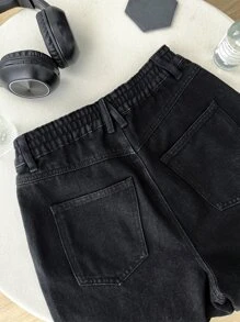 DAZY 1 pieza Jeans mom unicolor con bolsillo oblicuo - Negro - Ver 5