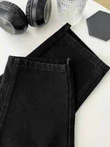 DAZY 1 pieza Jeans mom unicolor con bolsillo oblicuo - Negro - Ver 7