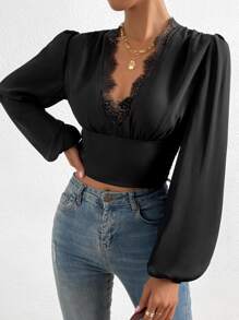 Chiquease 蕾絲飾邊燈籠袖牛奶少女風上衣 - 黑色 - 查看 3