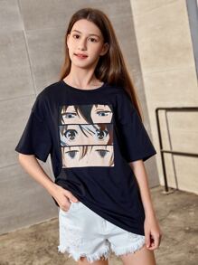 SHEIN Teen Girls Figure Graphic Drop Shoulder Tee - Black - View 1