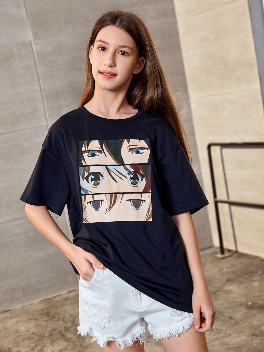 SHEIN Teen Girls Figure Graphic Drop Shoulder Tee - Black - View 1