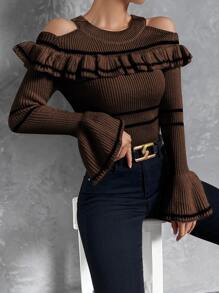 SHEIN Privé Áo len nữ Xù Sọc Giải trí - màu nâu - Xem 1