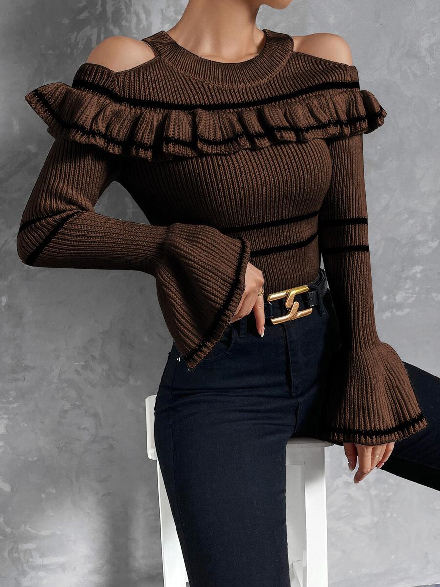 SHEIN Privé Áo len nữ Xù Sọc Giải trí - màu nâu - Xem 1