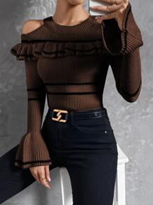 SHEIN Privé Áo len nữ Xù Sọc Giải trí - màu nâu - Xem 3