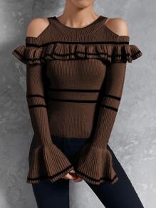 SHEIN Privé Áo len nữ Xù Sọc Giải trí - màu nâu - Xem 4