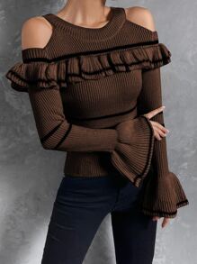 SHEIN Privé Áo len nữ Xù Sọc Giải trí - màu nâu - Xem 5