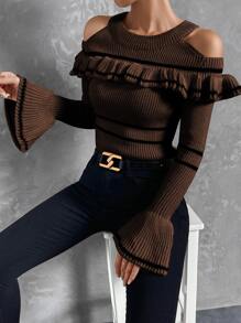 SHEIN Privé Áo len nữ Xù Sọc Giải trí - màu nâu - Xem 6