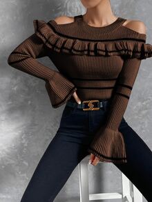 SHEIN Privé Áo len nữ Xù Sọc Giải trí - màu nâu - Xem 7