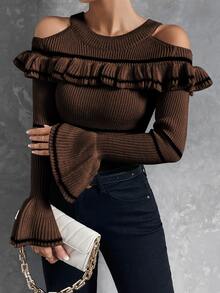 SHEIN Privé Áo len nữ Xù Sọc Giải trí - màu nâu - Xem 8