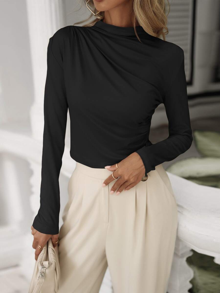 SHEIN Unity 素色褶邊小高領T恤 - 黑色 - 查看 1