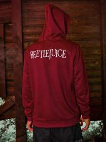 ROMWE MEN WB Horror | ROMWE Hombres Capucha con letra con estampado de figura con cordón - Burdeos - Ver 2