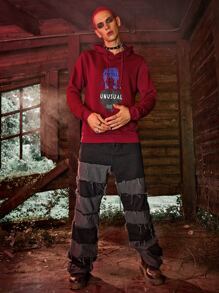 ROMWE MEN WB Horror | ROMWE Hombres Capucha con letra con estampado de figura con cordón - Burdeos - Ver 3