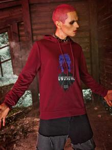 ROMWE MEN WB Horror | ROMWE Hombres Capucha con letra con estampado de figura con cordón - Burdeos - Ver 4