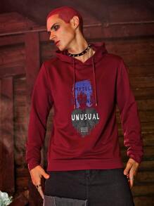 ROMWE MEN WB Horror | ROMWE Hombres Capucha con letra con estampado de figura con cordón - Burdeos - Ver 5