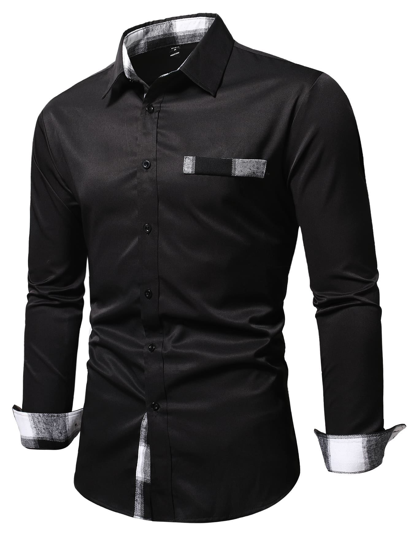 Manfinity Homme Men Plaid Panel Button Up Shirt - Black - View 1