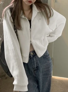 Letter Patched  Zip Through Drop Shoulder Crop Sweatshirt