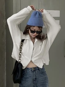 Letter Patched  Zip Through Drop Shoulder Crop Sweatshirt