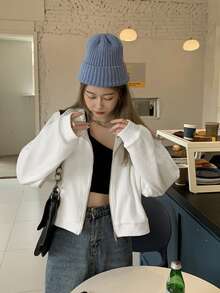 Letter Patched  Zip Through Drop Shoulder Crop Sweatshirt