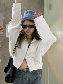 Letter Patched  Zip Through Drop Shoulder Crop Sweatshirt