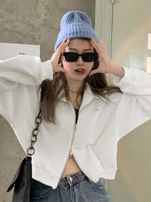 Letter Patched  Zip Through Drop Shoulder Crop Sweatshirt