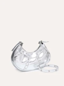 輕質鬆散傑布斯風格金屬飾釘眼鏡蛇包，適用於青少年女孩、大學生、新手和白領工人，適合辦公室、大學、工作、商務、通勤、戶外、旅行、遠足、購物、假期、海灘、假期、時尚、朋克和街頭風格等場合的使用 - 銀色 - 查看 3