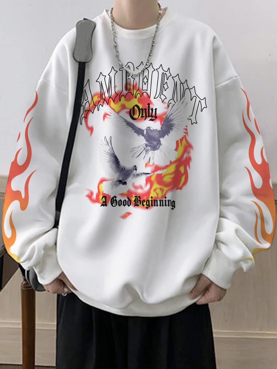 Manfinity Roghcode 男士字母圖案落肩袖套頭衫 - 白色 - 查看 1