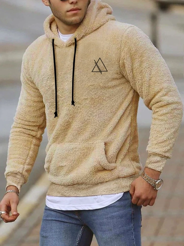 Hombres 1 pieza Capucha teddy con estampado geométrico con bolsillo de canguro con cordón - Albaricoque - Ver 1