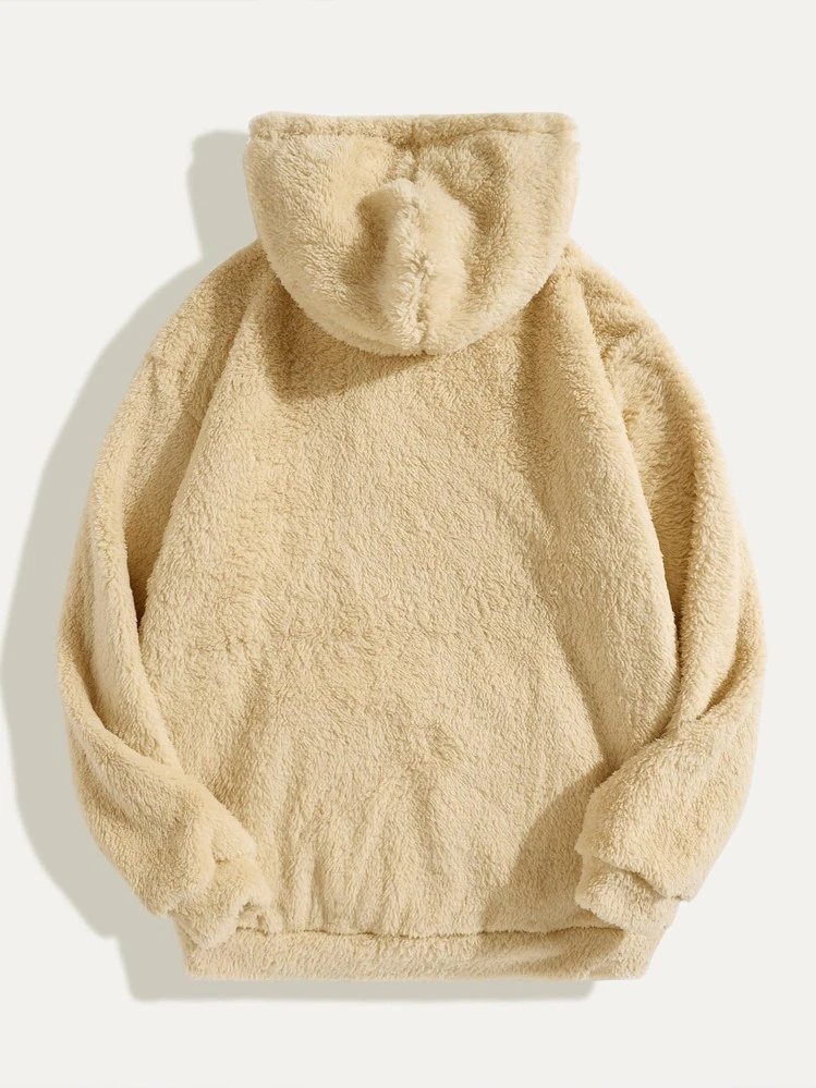Hombres 1 pieza Capucha teddy con estampado geométrico con bolsillo de canguro con cordón - Albaricoque - Ver 2
