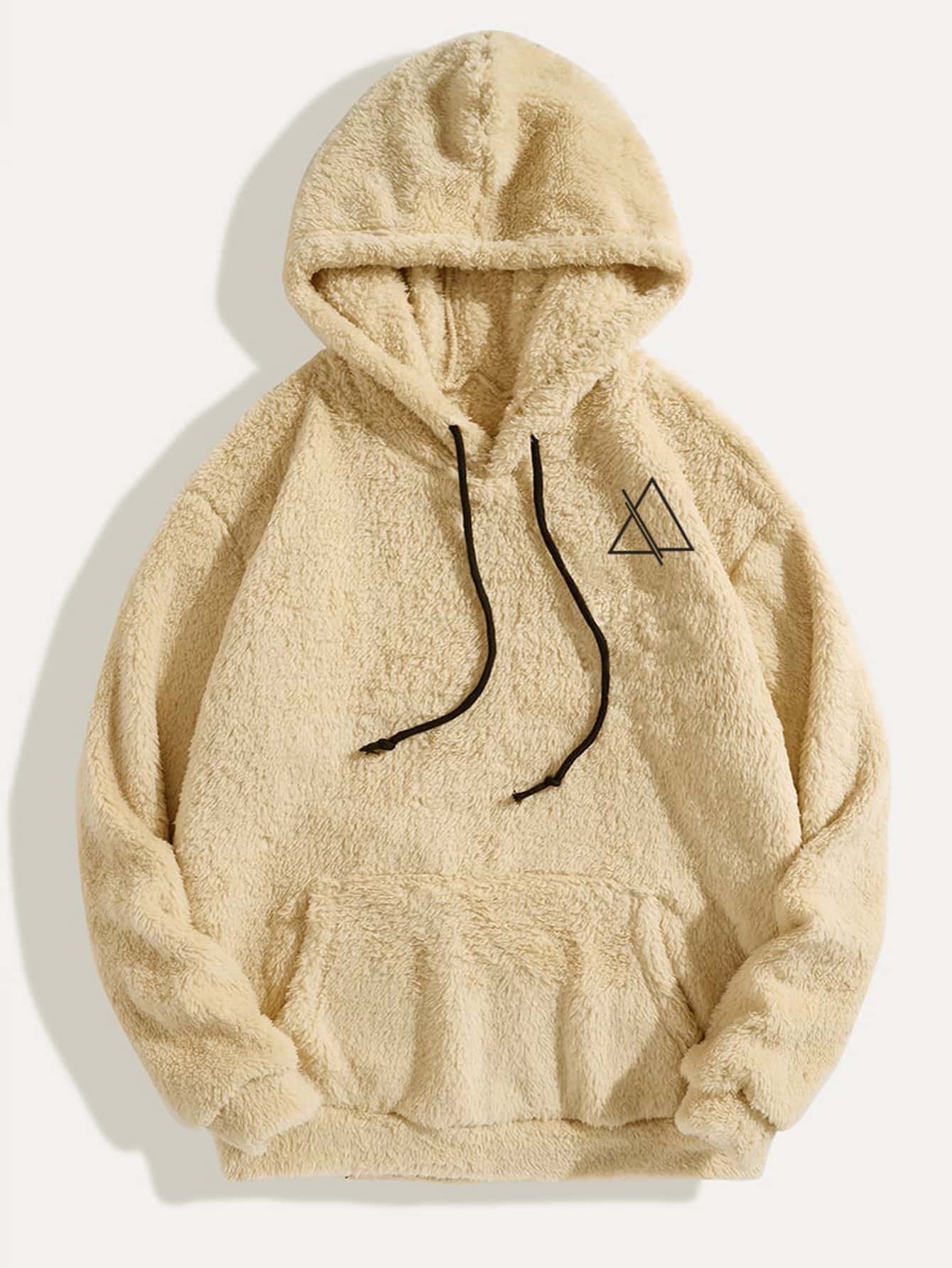 Hombres 1 pieza Capucha teddy con estampado geométrico con bolsillo de canguro con cordón - Albaricoque - Ver 3