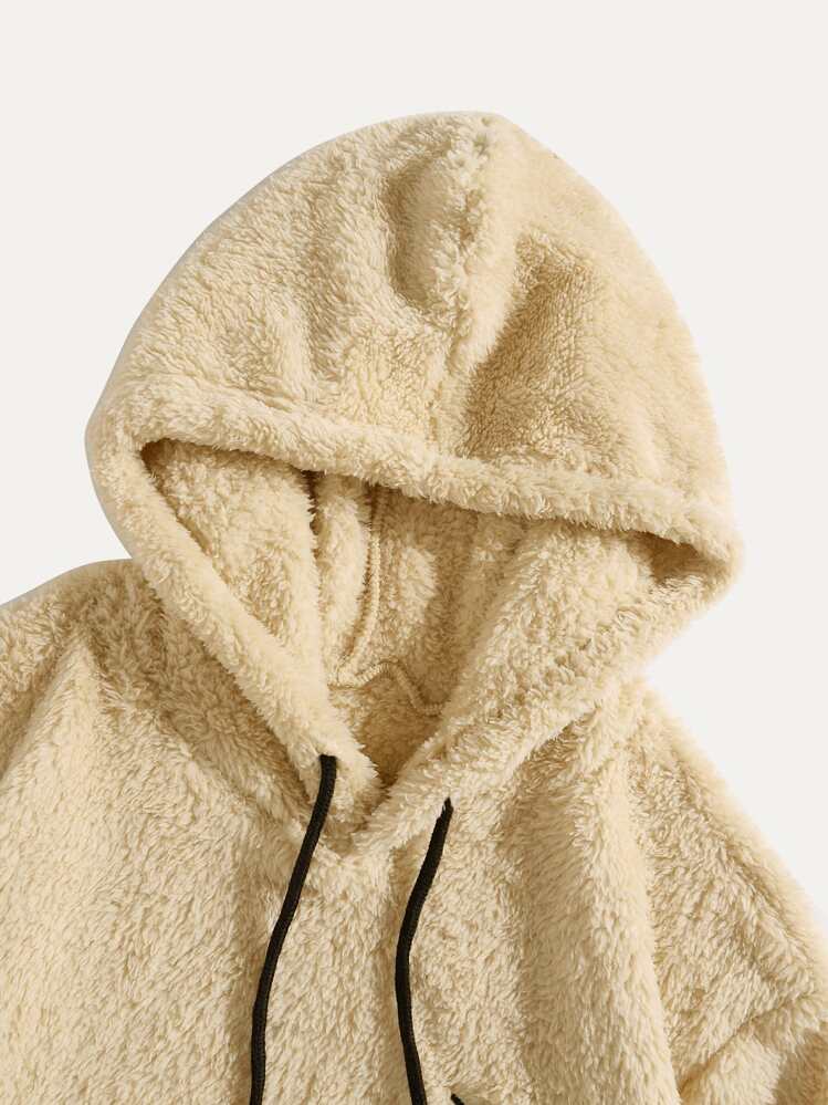 Hombres 1 pieza Capucha teddy con estampado geométrico con bolsillo de canguro con cordón - Albaricoque - Ver 5