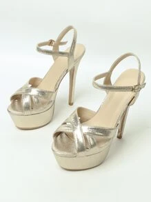 春夏女士金属色厚底细高跟踝带凉鞋，魅力派对高跟凉鞋 - 香檳色 - 查看 8